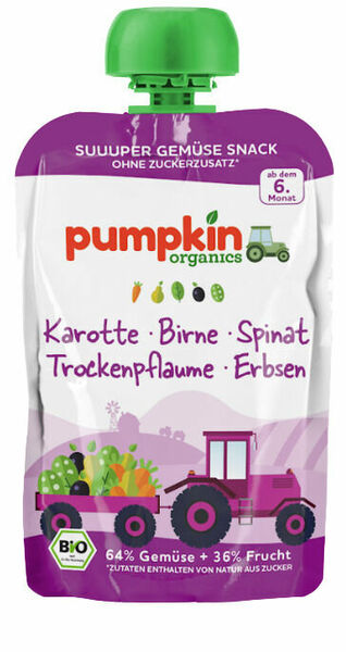 pumpkin organics BIO Zeleninové pyré z mrkve, špenátu, hrášku s hruškou, sušených švestek 6.měsíc 100 g porovnat ceny