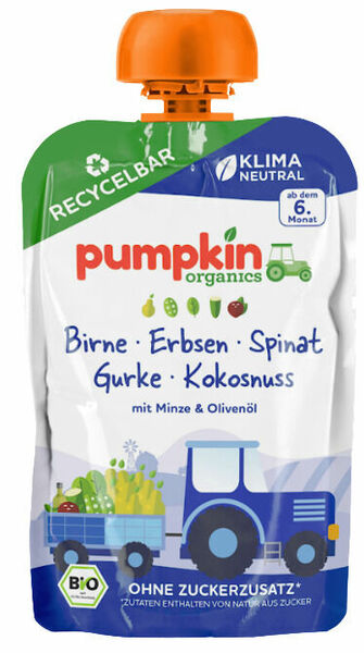 pumpkin organics BIO Zeleninové pyré z hrášku a špenátu s hruškou, okurkou, mátou 6.měsíc porovnat ceny