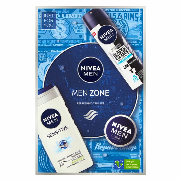 NIVEA  Men Zone Deo Fresh Dárková sada - Sprchový gel Sensitive 250 ml + Sprej antiperspirant Black & White 150 ml + Creme 30 ml porovnat ceny