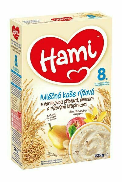 Hami mléčná kaše rýžová s vanilkovou příchutí, ovocem a rýžovými křupinkami od uk. 8. měsíce 225g porovnat ceny