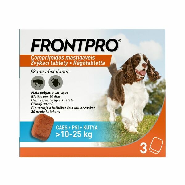 FRONTPRO Žvýkací tablety pro psy 10-25 kg 68 mg 3 tablety porovnat ceny