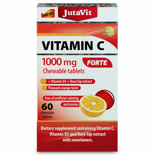 JUTAVIT Vitamín C 1000 mg forte žvýkací tablety + vitamín D3 + extrakt ze šípků 60 tablet porovnat ceny