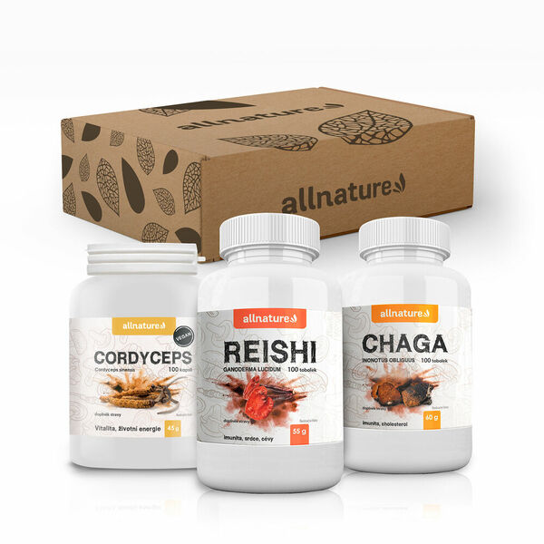 ALLNATURE Balíček medicinální houby Cordyceps 100 kapslí + Chaga 100 kapslí + Reishi 100 kapslí porovnat ceny