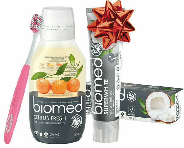 SPLAT  Vánoční Biomed Superwhite & Citrus Fresh zubní pasta a voda s kartáčkem navíc 3ks porovnat ceny