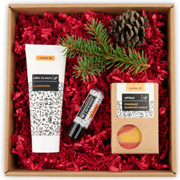 CALTHA Vánoční dárková sada pro ženy mýdlo pomeranč s bambuckým máslem 100 g + krém na ruce 75 ml + balzám na rty 6 ml porovnat ceny