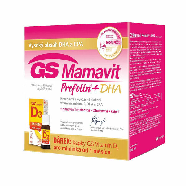 GS Mamavit Prefolin + DHA 30 tablet + 30 kapslí + dárek GS Vitamin D3 400IU kapky 10,8 ml porovnat ceny