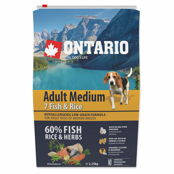 ONTARIO Dog Adult Medium fish & rice granule pro psy 2,25 kg porovnat ceny