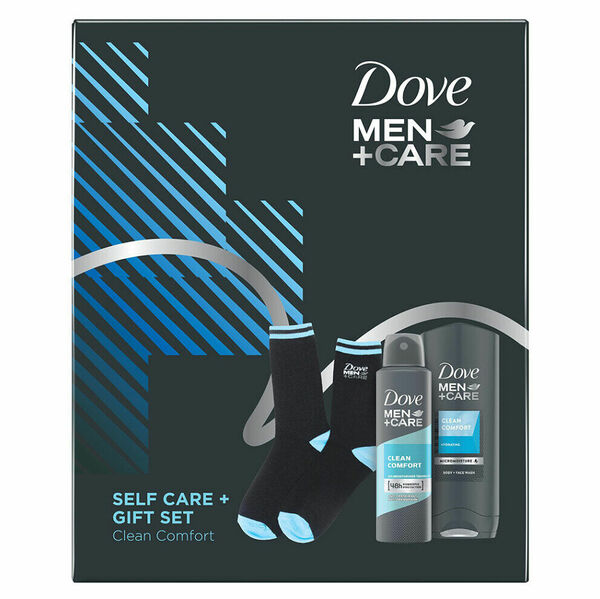 DOVE Men+Care Clean Comfort dárková sada - Sprchový gel 250 ml + Antiperspirant sprej 150 ml + Ponožky porovnat ceny