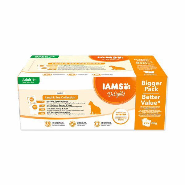 IAMS Delights Mořské a suchozemské maso v želé kapsičky multipack 72x85 g porovnat ceny