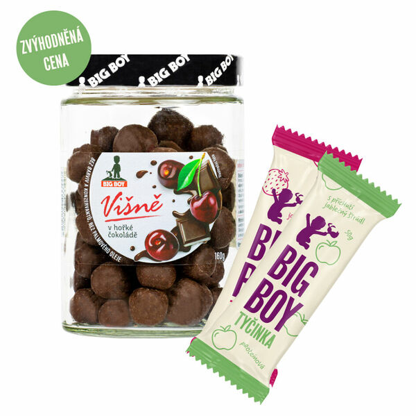 BIG BOY Višně v tmavé čokoládě by kamilasikl 160 g + proteinová tyčinka jablečný štrúdl 50 g a jahodová s ořechy 60 g porovnat ceny