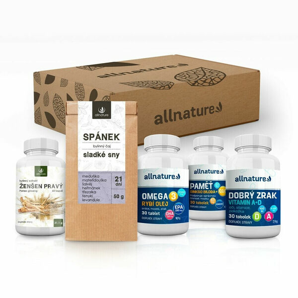ALLNATURE Vitamínový balíček pro dědečka a babičku Dobrý Zrak 30 tobolek + Omega 3 30 tobolek + Paměť 30 tobolek + Spánek bylinný čaj 50 g + Ženšen 60 porovnat ceny
