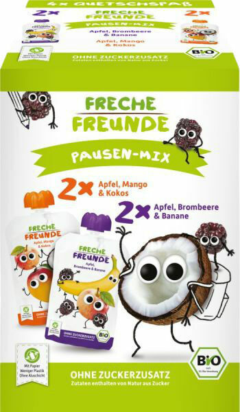 Freche Freunde BIO MIX 2 druhy - Jablko, mango s kokosem a Ostružina s banánem 4x100g porovnat ceny