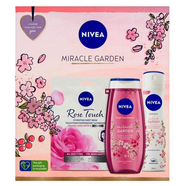 NIVEA Miracle Garden Dárková sada - 10minutová hydratační textilní maska 1 ks + sprchový gel 250 ml + sprej deodorant 150 ml porovnat ceny