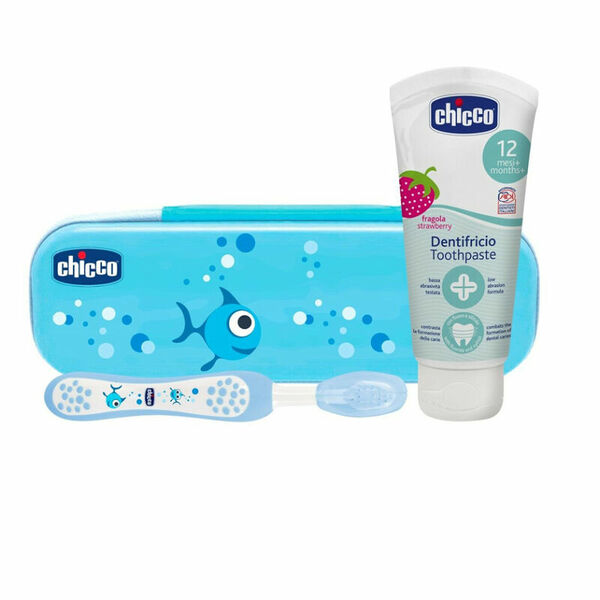 CHICCO Set zubní kartáček s pouzdrem, pasta always smiling modrý 12m+ porovnat ceny