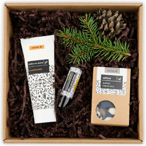 CALTHA Vánoční dárková sada pro muže mýdlo badyán s černým uhlím 100 g + krém na ruce 75 ml + balzám na rty 6 ml porovnat ceny
