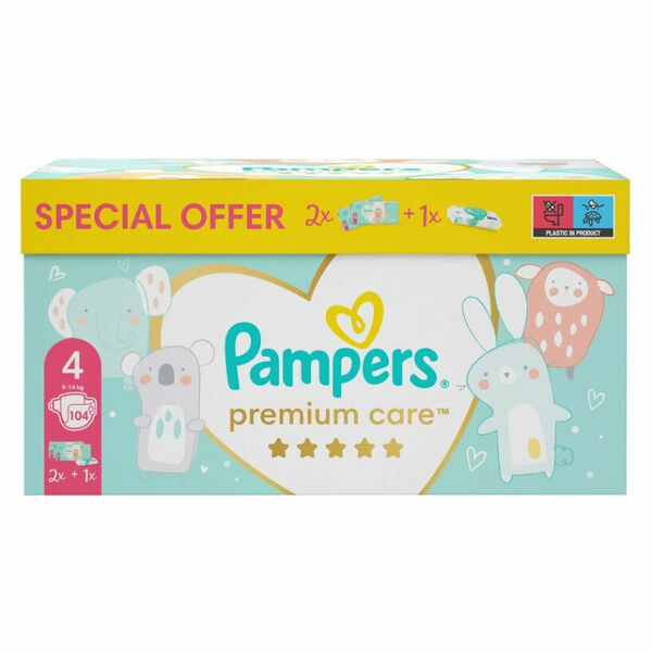 PAMPERS BOX Premium Care pleny 2 x S4 9-14 kg 104 ks + vlhčené ubrousky Pampers Aqua Pure porovnat ceny