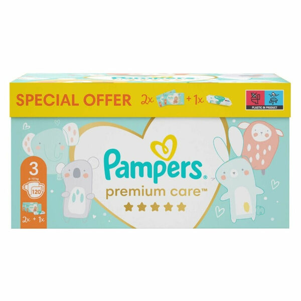 PAMPERS BOX Premium Care pleny 2 x S3 6-10 kg 120 ks + vlhčené ubrousky Pampers Aqua Pure porovnat ceny
