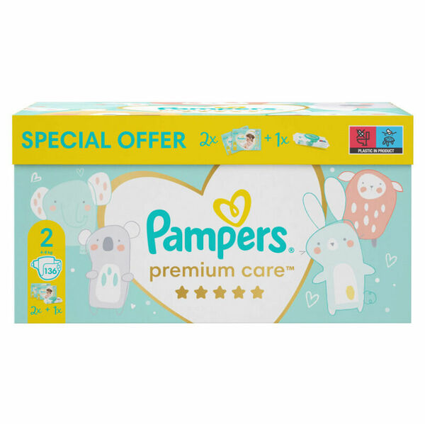 PAMPERS BOX Premium Care pleny 2x S2 4-8 kg 136 ks + vlhčené ubrousky Pampers Aqua Pure porovnat ceny