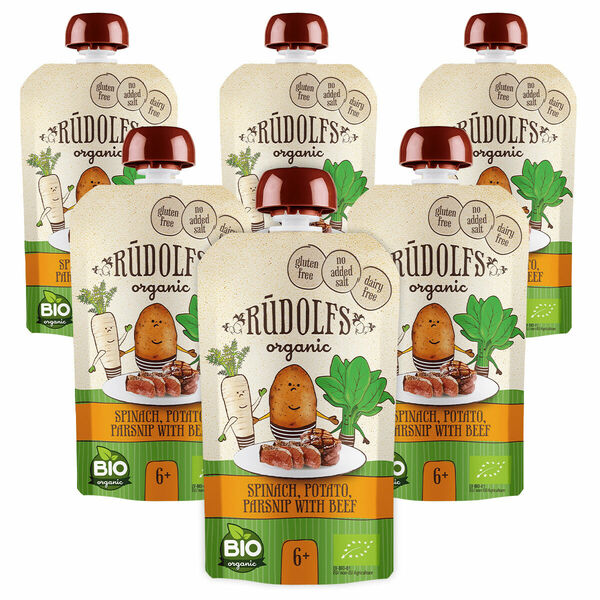 Rudolfs Špenát, brambory, pastinák s hovězím masem BIO kapsička 6x110 g porovnat ceny