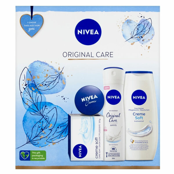 NIVEA Original Care Dárková sada - Sprej antiperspirant 150 ml + sprchový gel 250 ml + creme 30 ml + krémové mýdlo 100 g porovnat ceny