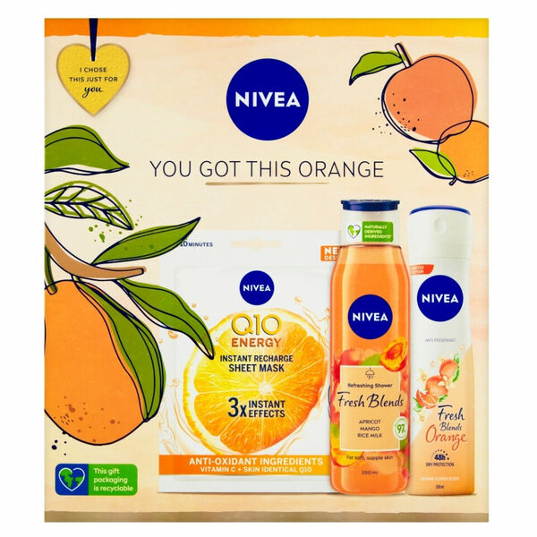 NIVEA You Got This Orange Dárková sada - textilní maska Q10 1 ks + sprchový gel Apricot Fresh Blends 300 ml + antiperspirant Orange Fresh Blends 150 m porovnat ceny