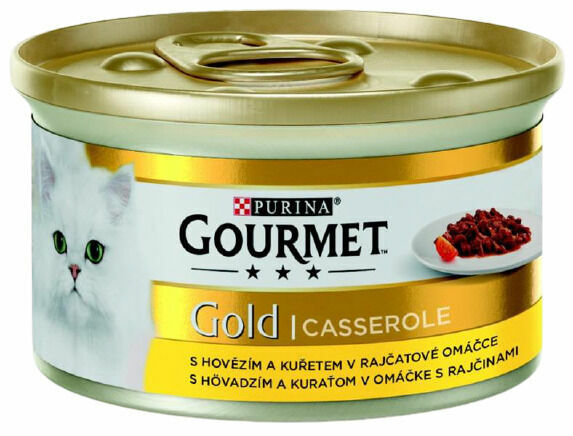 Gourmet Gold konzerva pro kočky - Kousky hovězího a kuřete v rajčatové omáčce 85g porovnat ceny