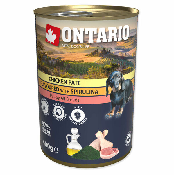 ONTARIO Konzerva puppy kuřecí paté se spirulinou 400 g porovnat ceny