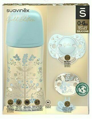 Suavinex Gold Set láhev 270ml + dudlík 0/6m + klip - modrá porovnat ceny
