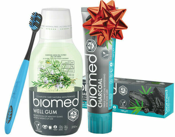 SPLAT  Vánoční Biomed Charcoal & Well Gum zubní pasta a voda s kartáčkem navíc 3ks porovnat ceny