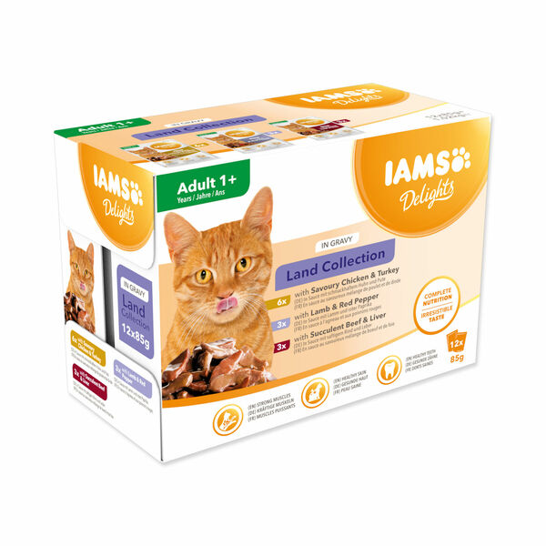 IAMS Delights Suchozemské maso v omáčce kapsičky multipack 12x85 g porovnat ceny