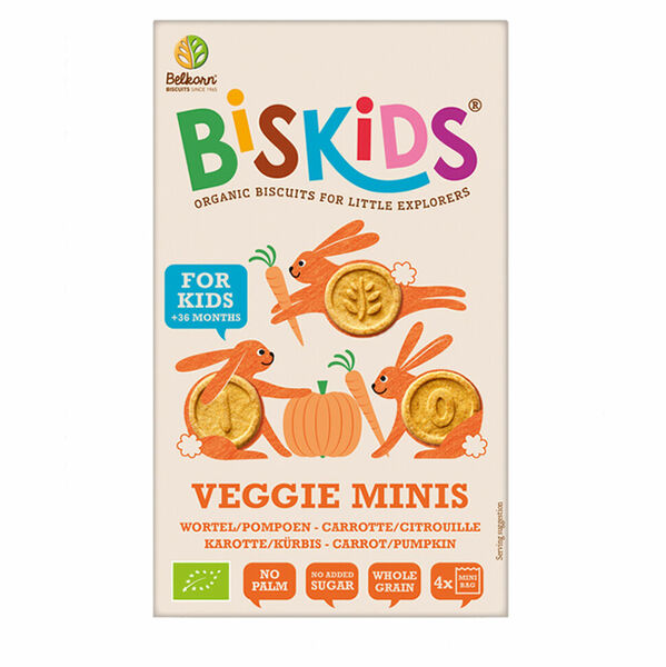 BELKORN BISkids BIO dětské celozrnné mini sušenky s mrkví a dýní bez přidaného cukru 120 g porovnat ceny