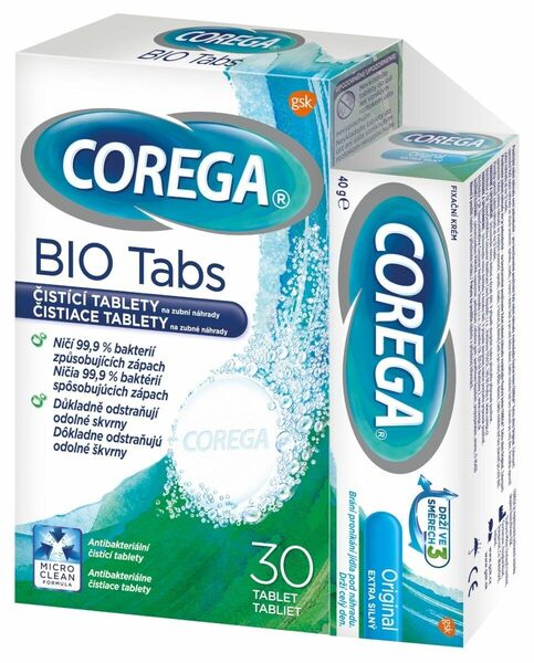 Corega Original extra silný 40g + BIO Tabs čisticí tablety 30ks porovnat ceny