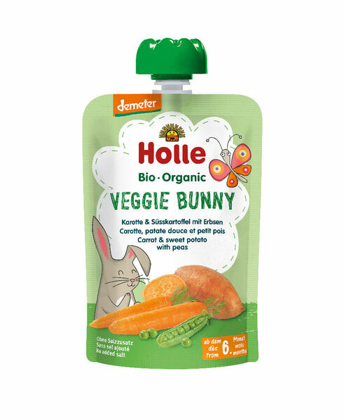 Holle  Veggie Bunny - Pouchy Carrot, Sweet potato and peas – Bio pyré mrkev, batáty a hrášek porovnat ceny