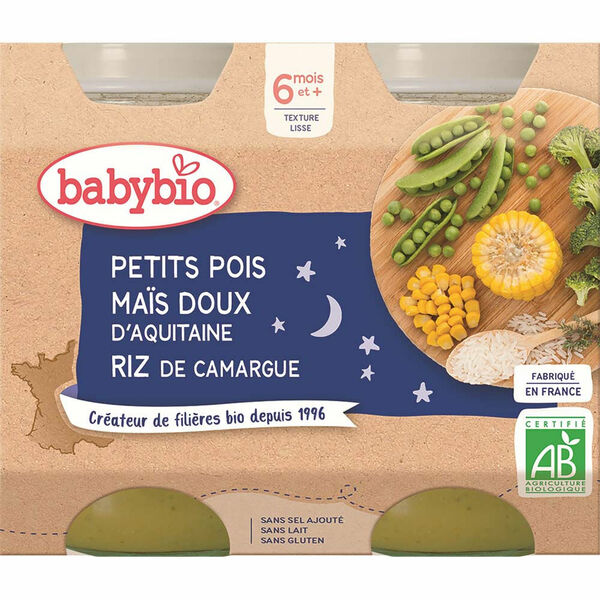 BABYBIO Večerní menu Hrášek se sladkou kukuřicí a rýží 2x200 g porovnat ceny