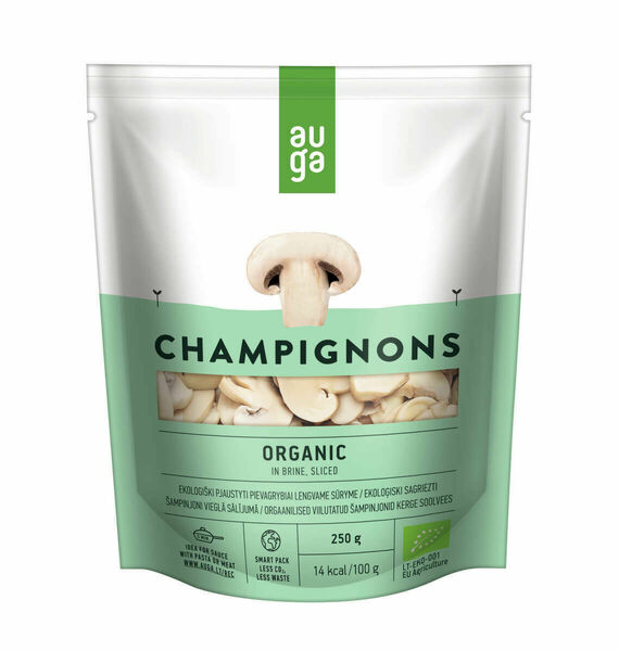 Auga Organic Champignons in brine sliced, bio krájené žampiony ve slaném nálevu, 250g porovnat ceny