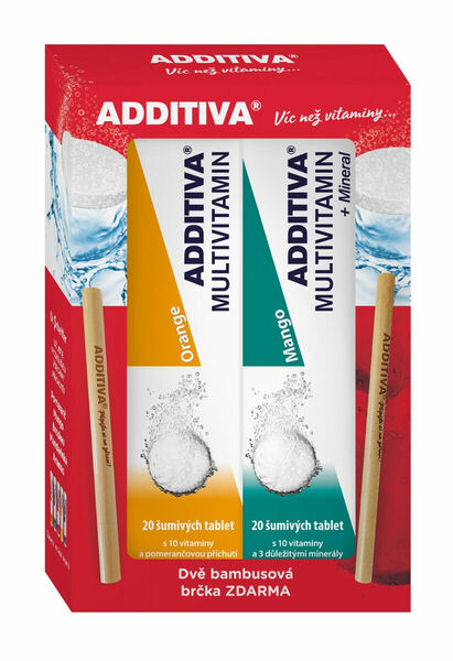 Additiva Multivitamin pomeranč + mango 2x20 šumivých tablet + 2x bambusové brčko porovnat ceny