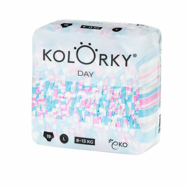 Kolorky DAY - pruhy - L (8-13 kg) jednorázové eko plenky 19ks porovnat ceny
