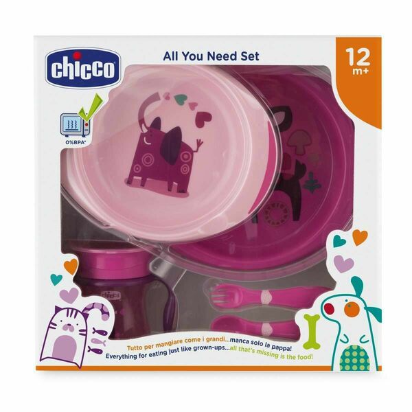 Chicco  Jídelní set - talíře, příbory, sklenka, 12m+ - růžový porovnat ceny