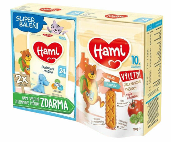 Hami 24+ Batolecí mléko 2x 600g + tyčinky rajče a bazalka porovnat ceny