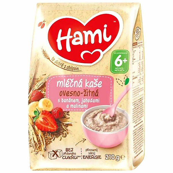 HAMI Mléčná kaše Ovesno-žitná s banánem, jahodami a malinami od 6.měsíce 210 g porovnat ceny