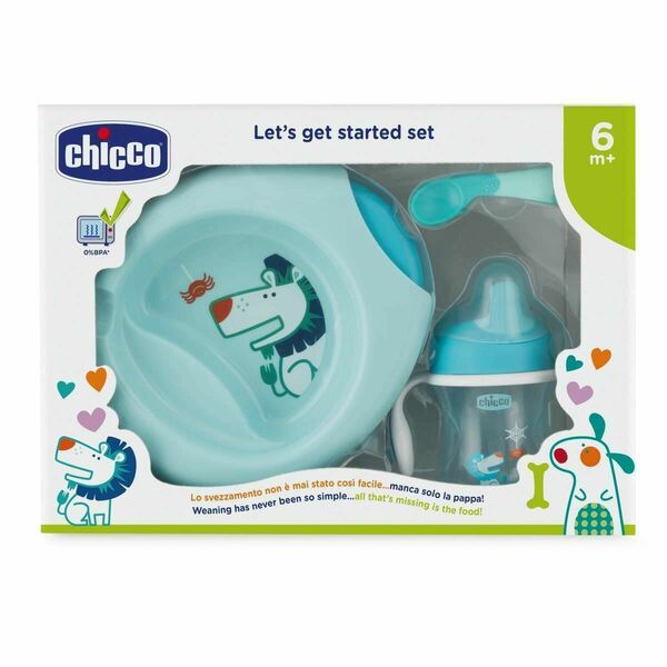 Chicco  Jídelní set - talíř, lžička, sklenka, 6m+ - modrý porovnat ceny