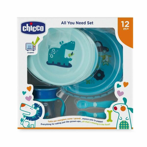Chicco  Jídelní set - talíře, příbory, sklenka, 12m+ - modrý porovnat ceny