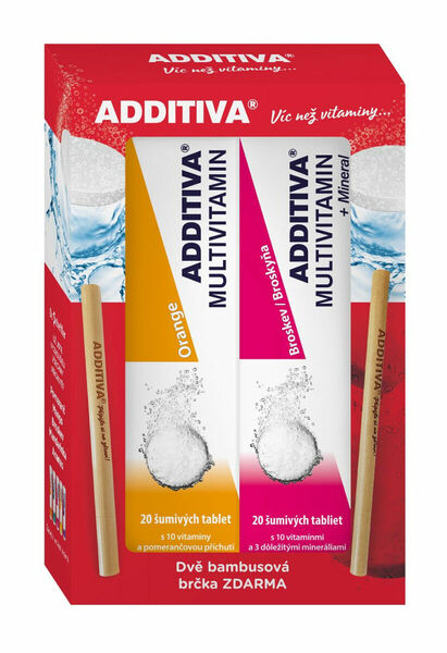 Additiva Multivitamin pomeranč + broskev 2x20 šumivých tablet + 2x bambusové brčko porovnat ceny