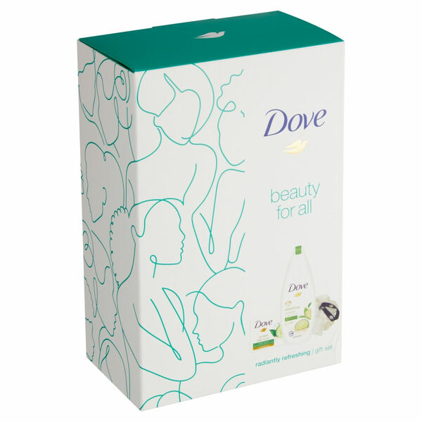 DOVE Dárkové balení Radiantly Refreshing sprchový gel, krémová mýdlová tableta, luxusní sprchová houba 250 ml + 100 g porovnat ceny