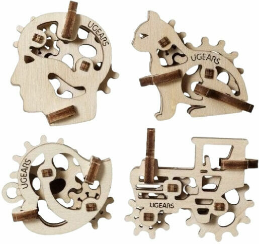 Ugears  3D dřevěné mechanické puzzle 4 mechanické přívěšky Charakterové symboly porovnat ceny