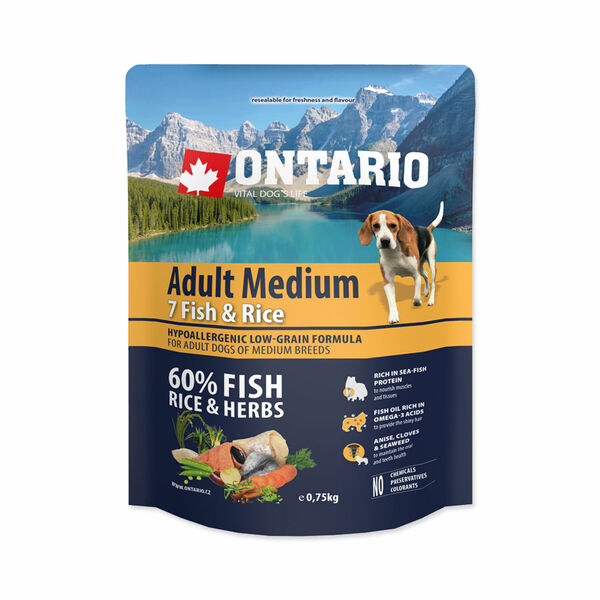Ontario Adult Medium Fish&Rice granule 0,75 kg porovnat ceny