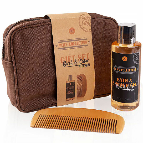 MEN'S COLLECTION Dárkový set v kosmetické taštičce s vůní břízy a cedru sprchový gel 150 ml a dřevěný hřeben porovnat ceny