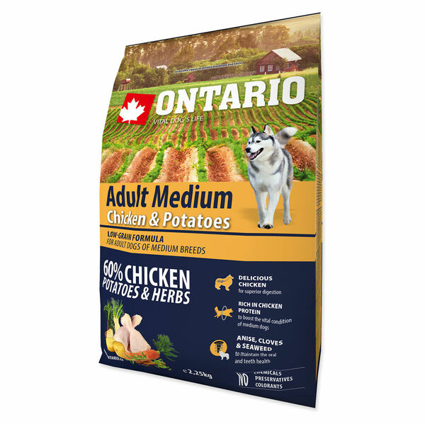 ONTARIO Dog Adult Medium chicken & potatoes & herbs granule pro psy 2,25 kg porovnat ceny