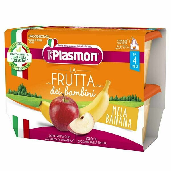 Plasmon Svačinka ovocná jablko a banán v aseptických nádobkách 4m+ 4x100g porovnat ceny