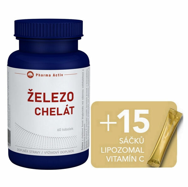 PHARMA ACTIV Železo chelát 60 tobolek + liposomal vitamín C 15 sáčků porovnat ceny